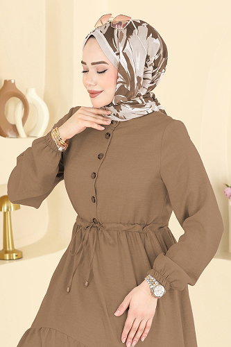 moda selvim Beli Tünelli Düğmeli Elbise 3083KTR750 Koyu Vizyon - Thumbnail