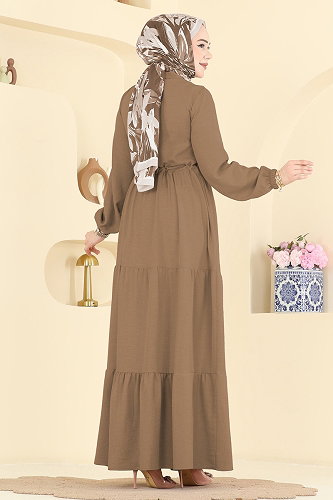 moda selvim Beli Tünelli Düğmeli Elbise 3083KTR750 Koyu Vizyon - Thumbnail