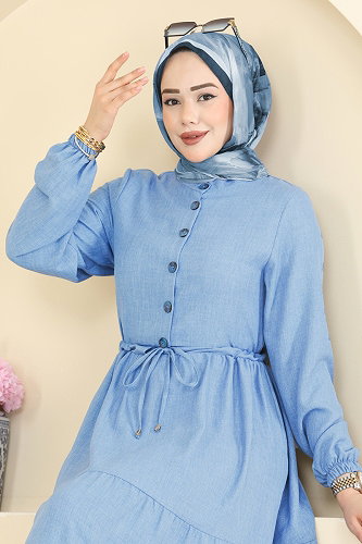 moda selvim Beli Tünelli Düğmeli Elbise 3083KTR750 Mavi - Thumbnail