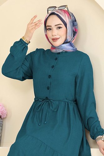 moda selvim Beli Tünelli Düğmeli Elbise 3083KTR750 Petrol - Thumbnail