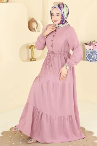 K.T.R. - Beli Tünelli Düğmeli Elbise 3083KTR750 Pudra