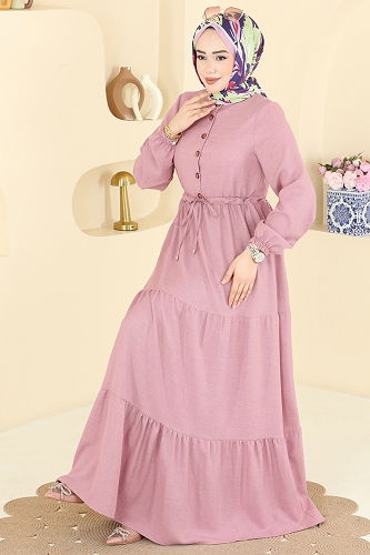 moda selvim Beli Tünelli Düğmeli Elbise 3083KTR750 Pudra - Thumbnail