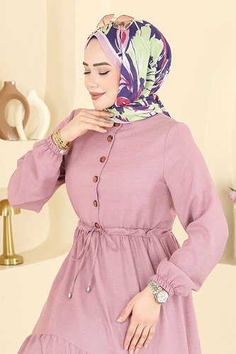 moda selvim Beli Tünelli Düğmeli Elbise 3083KTR750 Pudra - Thumbnail