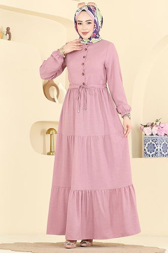 moda selvim Beli Tünelli Düğmeli Elbise 3083KTR750 Pudra - Thumbnail