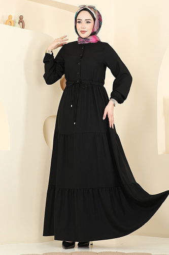 moda selvim Beli Tünelli Düğmeli Elbise 3083KTR750 Siyah - Thumbnail