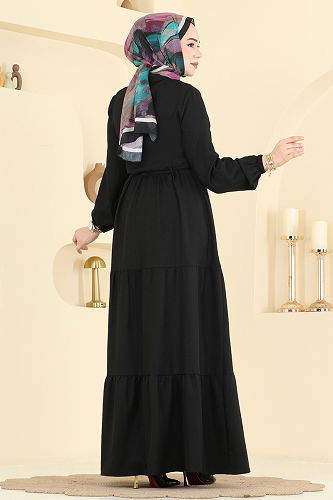 moda selvim Beli Tünelli Düğmeli Elbise 3083KTR750 Siyah - Thumbnail