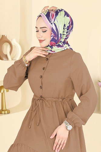 moda selvim Beli Tünelli Düğmeli Elbise 3083KTR750 Vizyon - Thumbnail