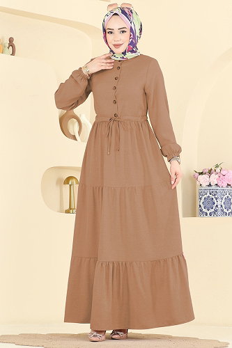 moda selvim Beli Tünelli Düğmeli Elbise 3083KTR750 Vizyon - Thumbnail