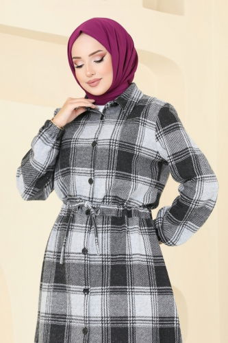 moda selvim Beli Tünelli Ekose Tunik 3034KTR750 Gri - Thumbnail