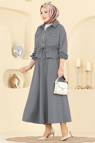 moda selvim Beli Tünelli Etekli Takım 2787SL432 Antrasit - Thumbnail