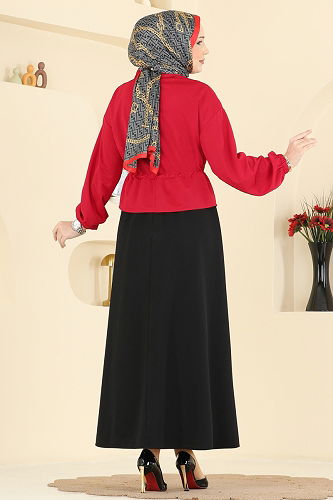 moda selvim Beli Tünelli Etekli Takım 2787SL432 Kırmızı&Siyah - Thumbnail