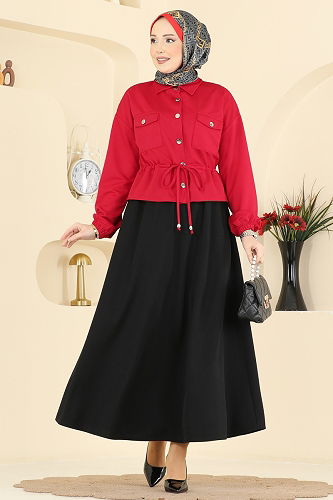 moda selvim Beli Tünelli Etekli Takım 2787SL432 Kırmızı&Siyah - Thumbnail