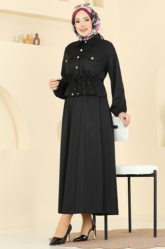 moda selvim Beli Tünelli Etekli Takım 2787SL432 Siyah - Thumbnail