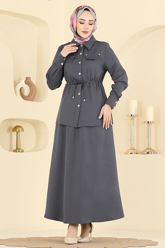 moda selvim Beli Tünelli Etekli Takım PL9187 Antrasit - Thumbnail