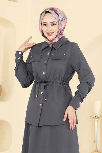 moda selvim Beli Tünelli Etekli Takım PL9187 Antrasit - Thumbnail