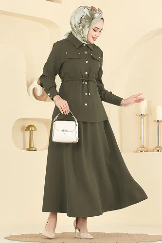 moda selvim Beli Tünelli Etekli Takım PL9187 Haki - Thumbnail