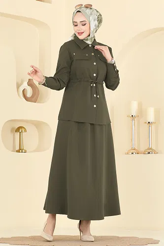 moda selvim Beli Tünelli Etekli Takım PL9187 Haki - Thumbnail