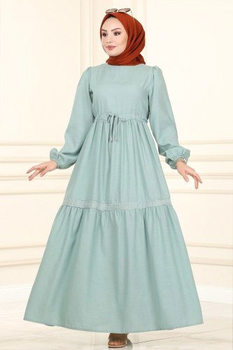 moda selvim Beli Tünelli Keten Elbise 5864BSK463 Mint - Thumbnail