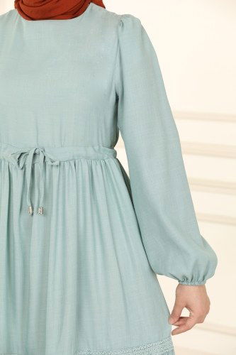 moda selvim Beli Tünelli Keten Elbise 5864BSK463 Mint - Thumbnail