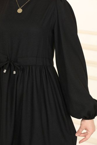 moda selvim Beli Tünelli Keten Elbise 5864BSK463 Siyah - Thumbnail