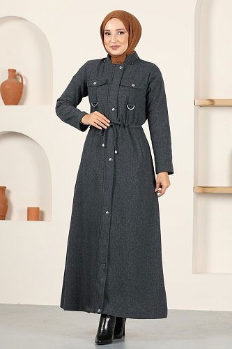 moda selvim Beli Tünelli Kışlık Ferace 8056UKB139 Antrasit - Thumbnail