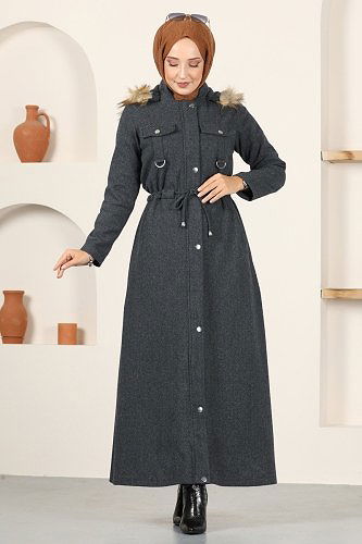 moda selvim Beli Tünelli Kışlık Ferace 8056UKB139 Antrasit - Thumbnail