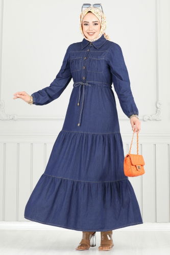 moda selvim Beli Tünelli Kot Elbise 25019MTS1094 Koyu Kot - Thumbnail