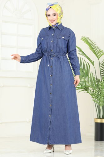 moda selvim Beli Tünelli Kot Elbise 863ASE1098 Kot - Thumbnail