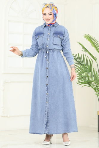 moda selvim Beli Tünelli Kot Elbise 863ASE1098 Yıkamalı Açık Kot - Thumbnail
