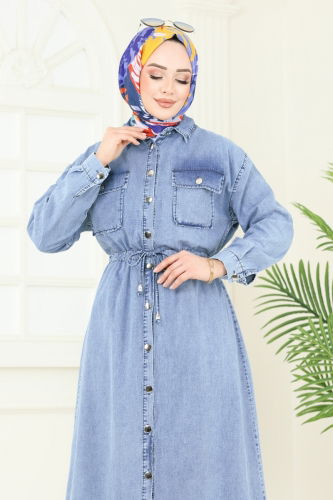 moda selvim Beli Tünelli Kot Elbise 863ASE1098 Yıkamalı Açık Kot - Thumbnail