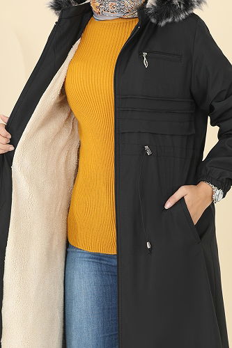 moda selvim Beli Tünelli Kürklü Kaban 2814MSA980 Siyah - Thumbnail