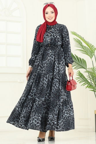 B.G.S. - Beli Tünelli Leopar Elbise 7130BG354 Gri