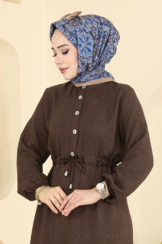 moda selvim Beli Tünelli Sofia Elbise 3263HBS856 Koyu Kahve - Thumbnail