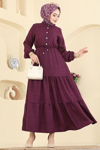 moda selvim Beli Tünelli Sofia Elbise 3263HBS856 Mürdüm - Thumbnail