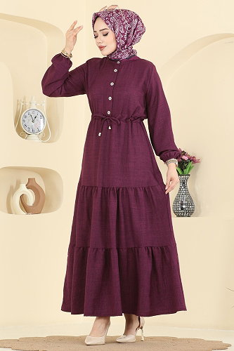 moda selvim Beli Tünelli Sofia Elbise 3263HBS856 Mürdüm - Thumbnail