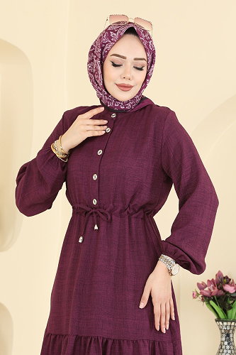 moda selvim Beli Tünelli Sofia Elbise 3263HBS856 Mürdüm - Thumbnail