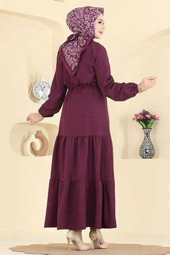 moda selvim Beli Tünelli Sofia Elbise 3263HBS856 Mürdüm - Thumbnail
