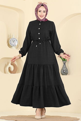 moda selvim Beli Tünelli Sofia Elbise 3263HBS856 Siyah - Thumbnail