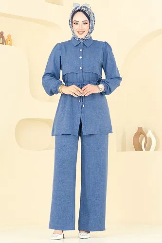 moda selvim Beli Tünelli Sofia Takım 1015MP806 İndigo - Thumbnail