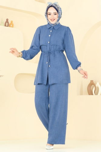 moda selvim Beli Tünelli Sofia Takım 1015MP806 İndigo - Thumbnail