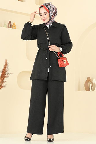 moda selvim Beli Tünelli Sofia Takım 1015MP806 Siyah - Thumbnail