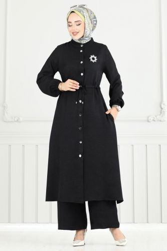 moda selvim Beli Tünelli Sofia Takım PL9154 Siyah - Thumbnail