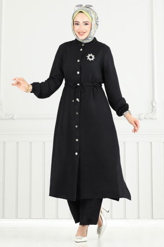 moda selvim Beli Tünelli Sofia Takım PL9154 Siyah - Thumbnail