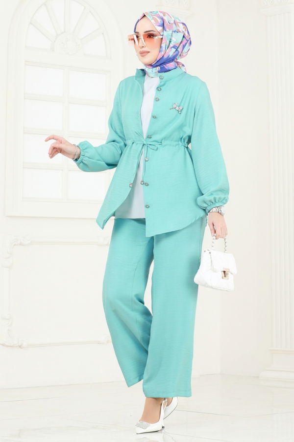 Modaselvim %30+%10 İNDİRİM Beli Tünelli Takım 347DVL817 Su Yeşili