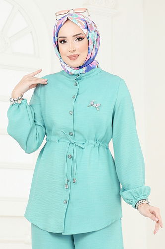 moda selvim Beli Tünelli Takım 347DVL817 Su Yeşili - Thumbnail