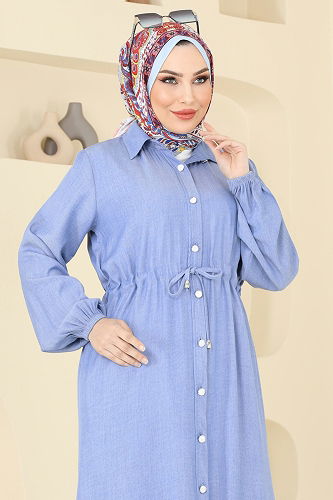 moda selvim Beli Tünelli Tensel Kot Elbise 309HBS856 Açık Kot - Thumbnail