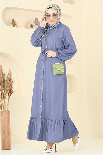 moda selvim Beli Tünelli Tensel Kot Elbise 309HBS856 Kot - Thumbnail
