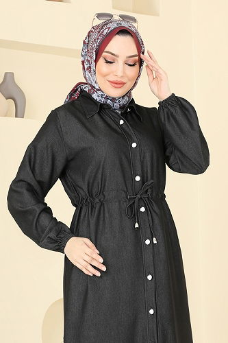 moda selvim Beli Tünelli Tensel Kot Elbise 309HBS856 Siyah - Thumbnail