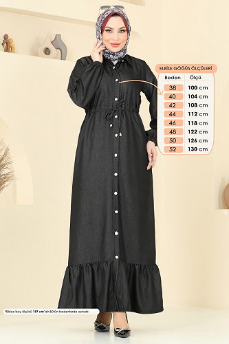 moda selvim Beli Tünelli Tensel Kot Elbise 309HBS856 Siyah - Thumbnail