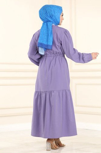 moda selvim Beli Tünelli Terikoton Elbise 3055AKT473 Lila - Thumbnail